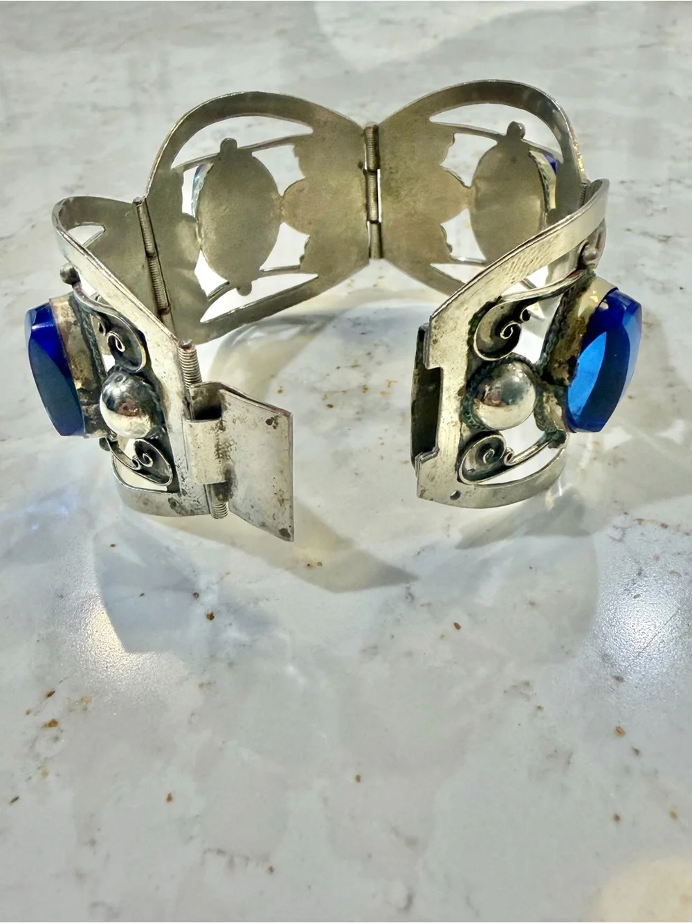 Vintage Taxco Mexico 925 Sterling Silver Blue Glass Panel Bracelet 1950s 42g